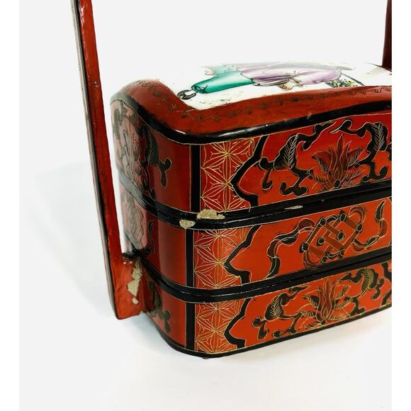 VTG Chinese Red Lacquered Wedding Basket Lunch Box Porcelain Plaque Top READ - Picture 6 of 9